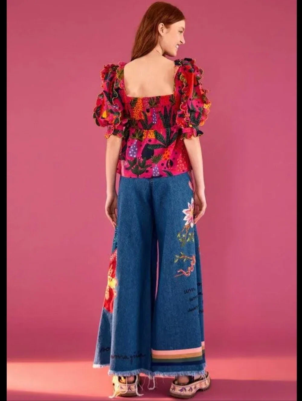Farm Rio Pop Leopards Square Neck Puff Sleeve Blouse